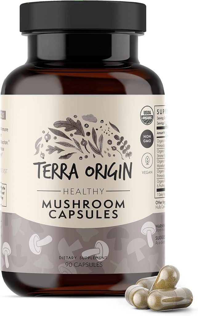 TERRA ALKUPERÄISKAPPALET Terveet Sienet Complex täydentää 90 kapselit Reishi, Lions Mane, Changa, Cordyceps, Maitake 