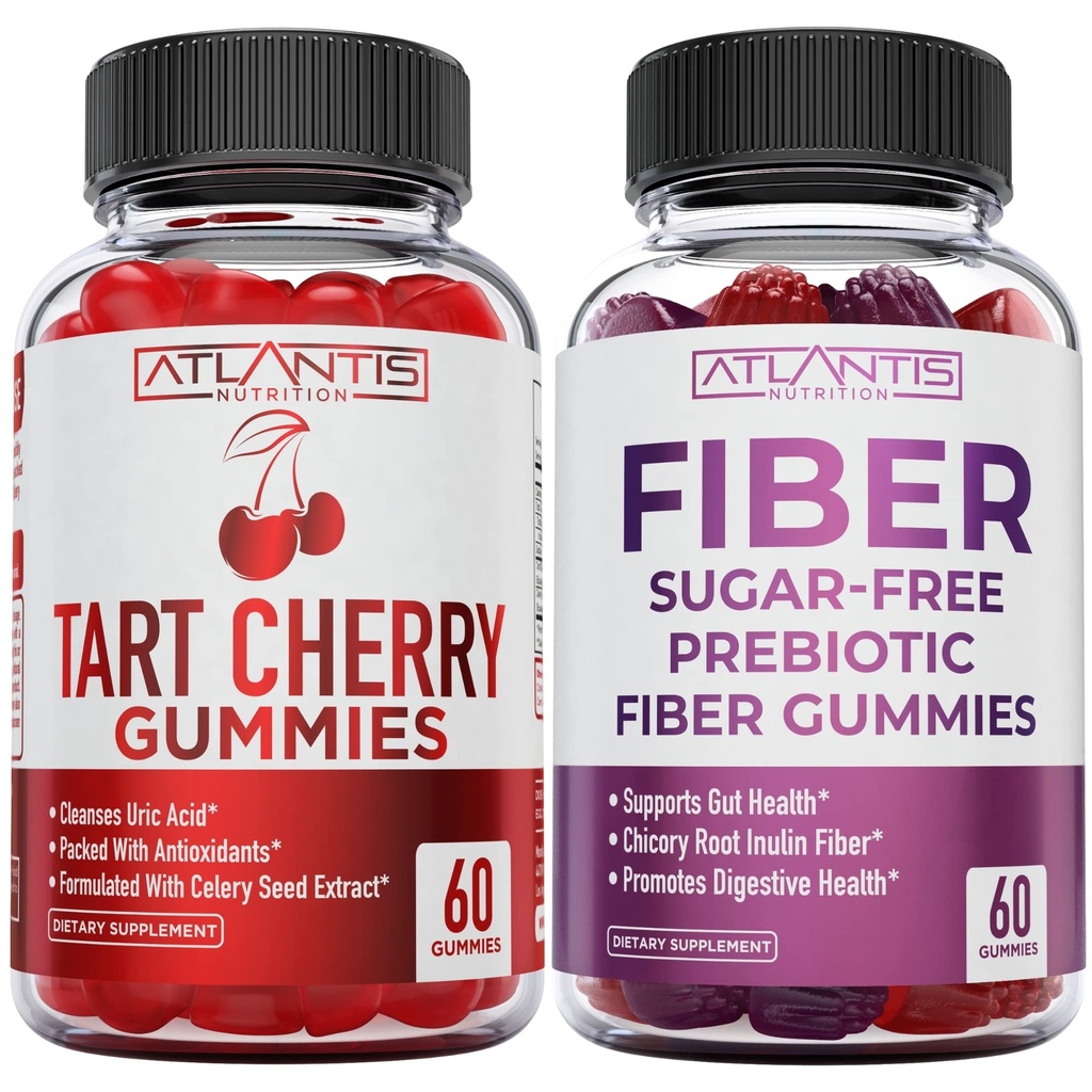 Atlantis Nutrition Tart Cherry 60 Gummies + Sugar Free Prebiotic Fiber Gummies för vuxna 2-pack (120 Gummies)