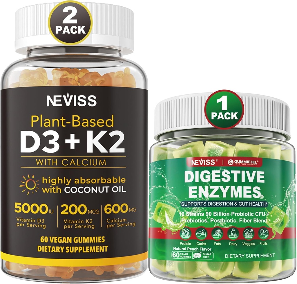NEVISS-vitamiini D3 5 000iu & K2, kalsiumgummit & digestiivinen Entsyymit Gummie