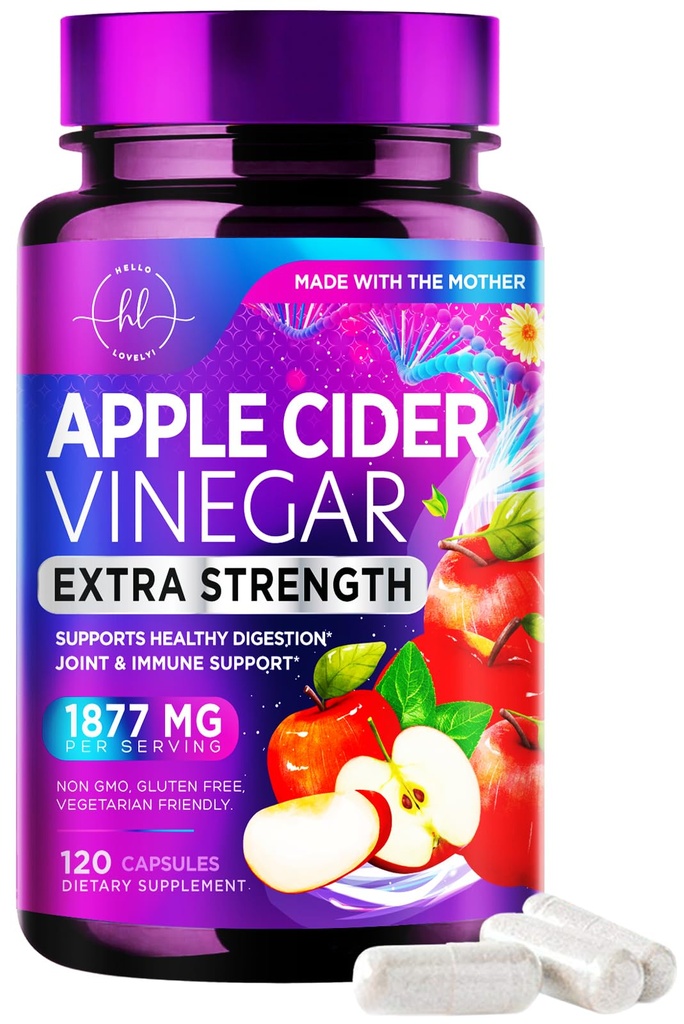Apple Cider Vinegar kapslar 1877mg - Extra styrka ACV Piller med vitamin D3 & Zink - Apple Vinegar Pills Supplement for Digestion, Energy & Immune Support, Non-GMO, Bottled i USA - 120 kapslar