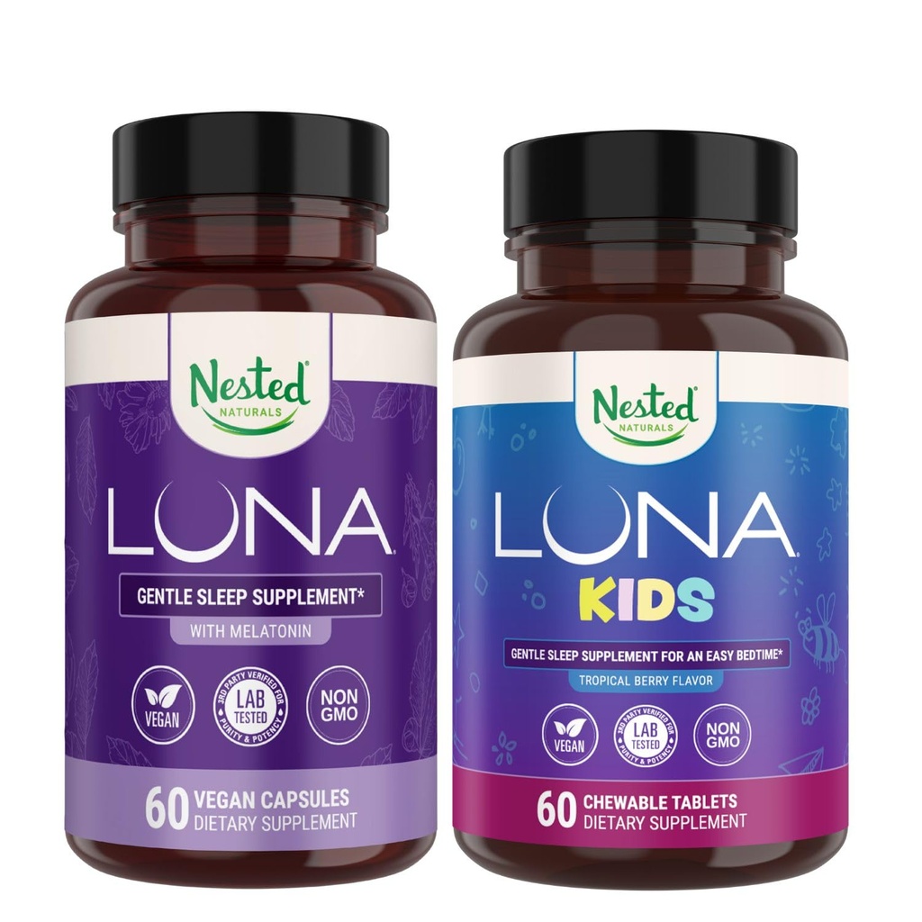 Nested Naturals Sleep Aid Bundle ... Luna Adult & Luna Kids Sleep Aid with Natural Ingredients (Melatoniini, kamomilla, Valerian) for Deep Sleep and Rentoutuminen (120 Count)
