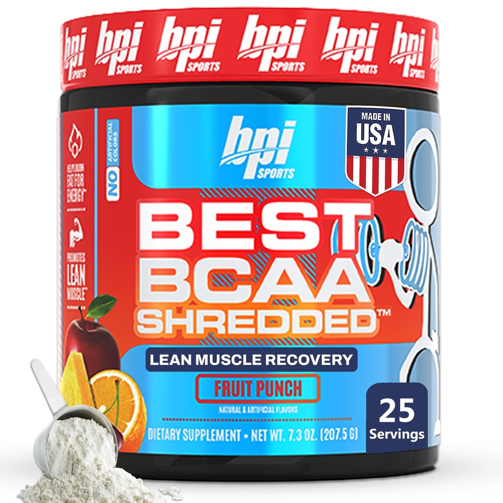 BPI Sports Best BCAA Shreded - Kofeiiniton lämpögeeninen Recovery Drink, Lean Muscle Building BCAA Powder naisille ja miehille, Preworkout BCAAs Aminohapot Drink-Fruit Punch - 25 tarjoilut