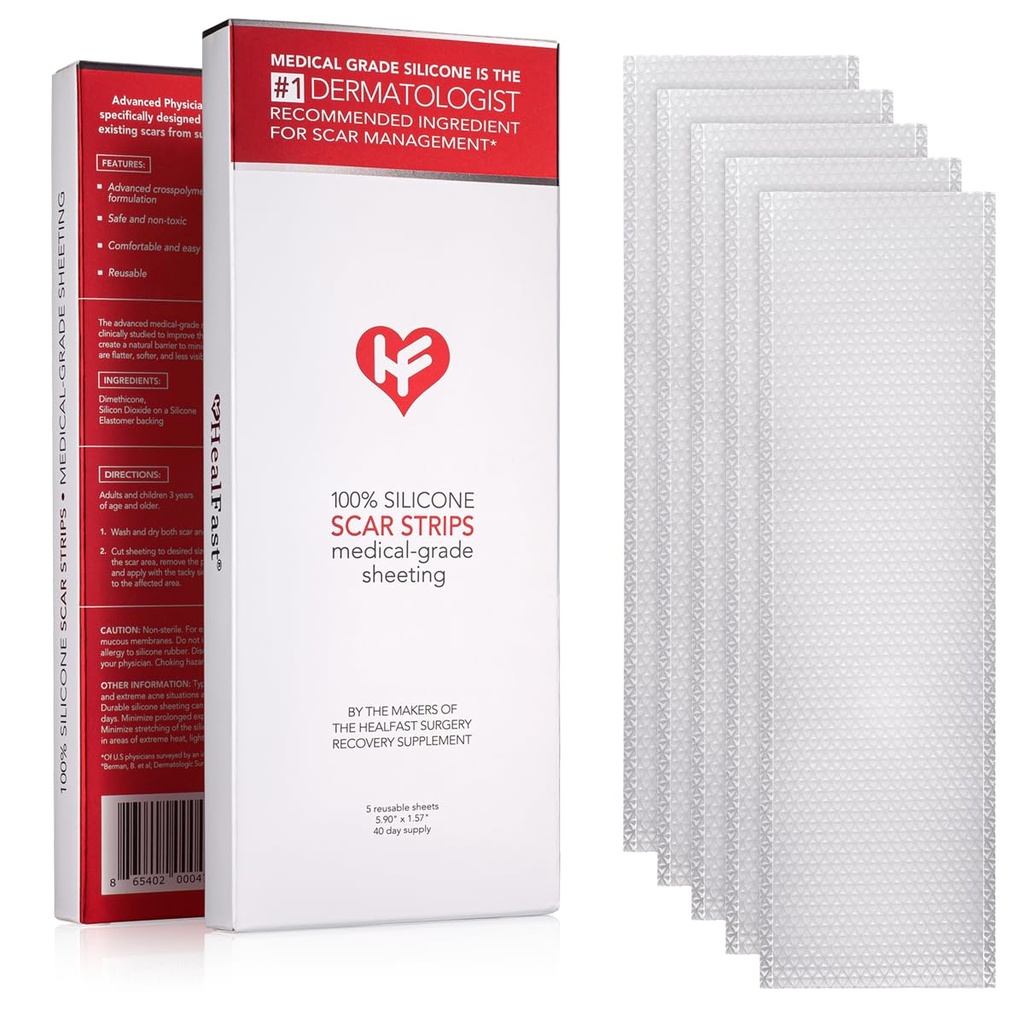HealFast Physician Formulerade Silicone Scar Sheets - Avancerade Crosspolymer Medical Grade Silicone Scar Strips för kirurgi, C-sektion, Keloids & Hypertrophic Scars - Silikonband för Scars (5 Sheets)