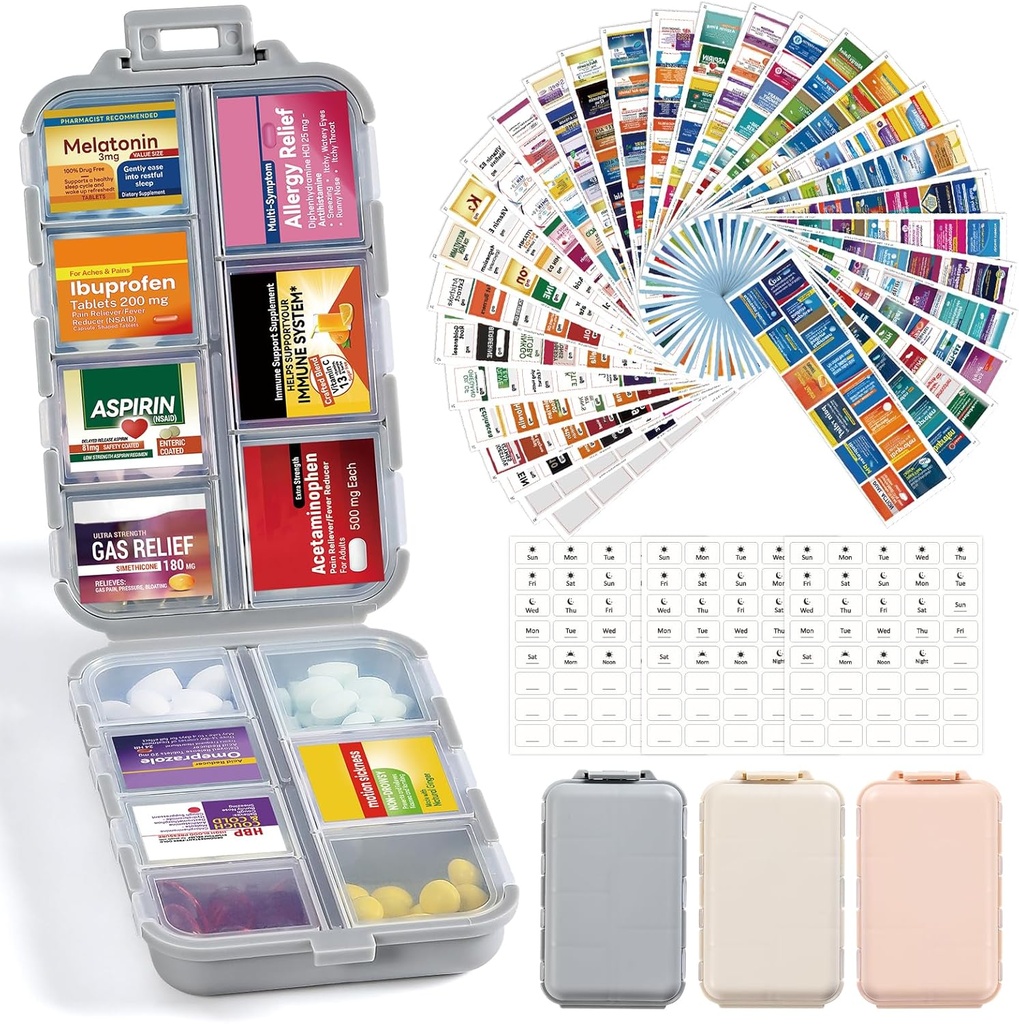 3 Pack 14 Grids Travel Pill Organizer Box 415-Pcs Medicine Nimi Tunnisteet - Tasku Päivittäinen farmaseuttinen Case Container Kit - Matka lääkkeiden haltija Dispender Fish Oil Vitamiini Supplement Storage