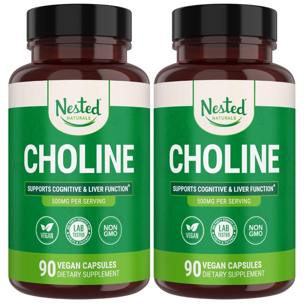 Nested Naturals Koliinibitartraatti 500mg - High Potency Koliini täydentää - tukee äidin ja sikiön terveys raskauden aikana* - 100% Vegan & ei-GMO - 2-pakkaus (180 vegan kapselia)