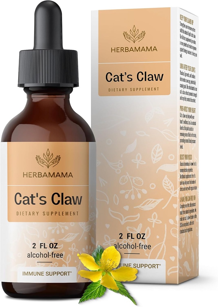 HERBAMAMA Cats Claw Tincture - Vegan Cats Claw Extract Supplement för immunstöd - Icke-GMO, alkohol och sockerfri Uncaria Tomentosa Drops