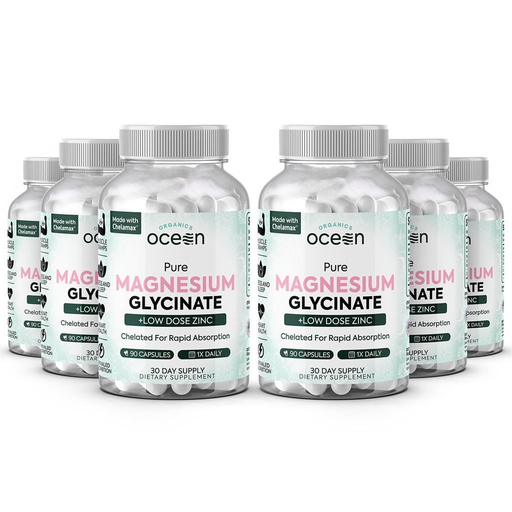 Organics Ocean Pure Magnesium Glycinate kanssa Sinkki - Maximum Strength Kelated Magnesium Supplement naisten ja miesten lihaskramppeja ja uni tuki - 6 pulloa