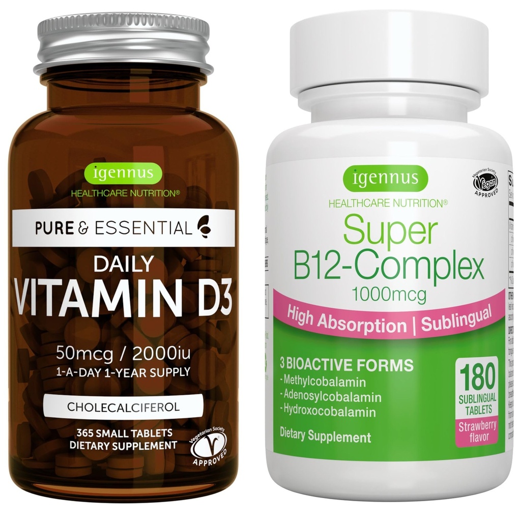 Päivittäinen D3-vitamiini + Super B12-komplex, kasvissyöjä Bundle, 365 2000iu D3-vitamiinit tabletteja + suuri imeytyminen alakieli B12, kirjoittanut Igennus