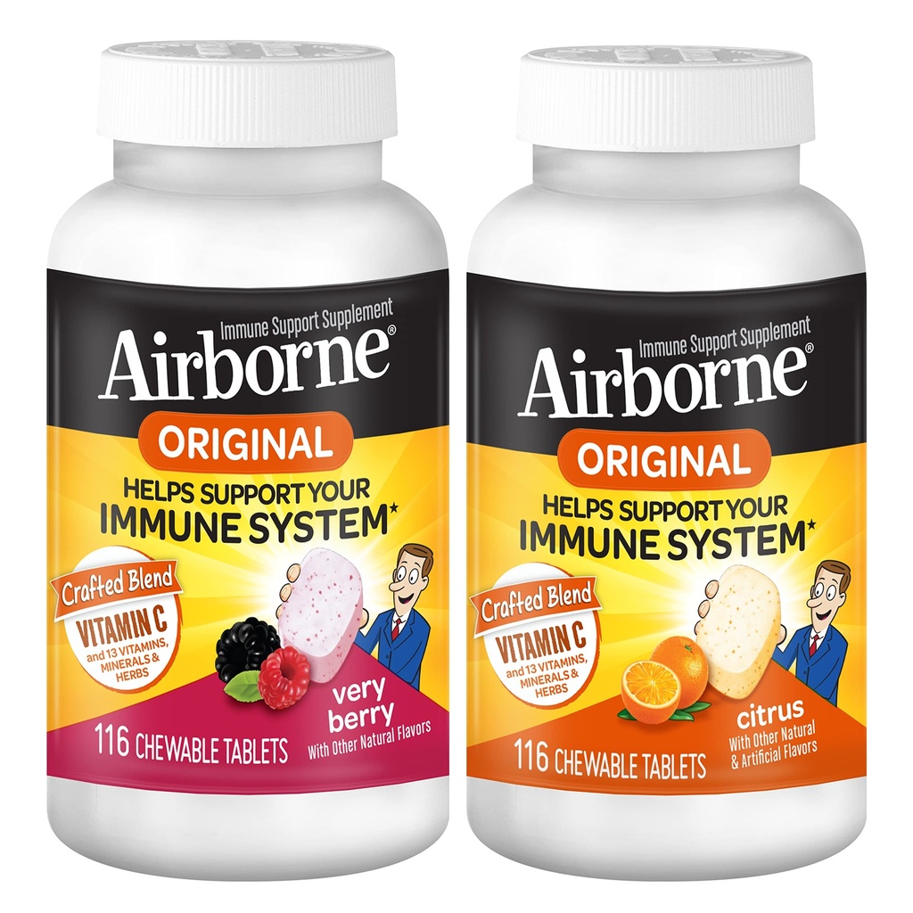 Airborne 1000 mg C-vitamiini purutabletit Citrus & Erittäin Berry Flavor Bundle - Immuunituki täydentää sinkki ja tehokas antioksidantti vitamiineja A C & E, (2x116ct pullot) *
