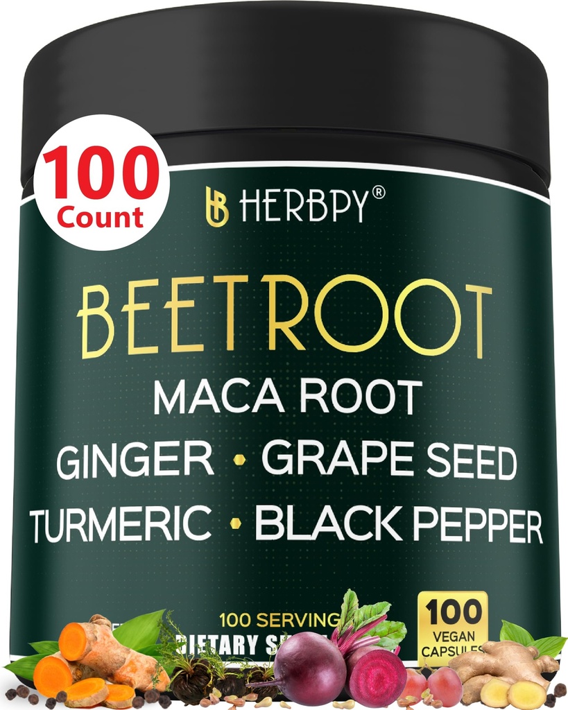 6in1 Beetroot Supplement med Maca Root, Grape Seed, Ginger, gurkmeja och svartpeppar för hjärthälsa och immunstöd - 100 Vegan kapslar