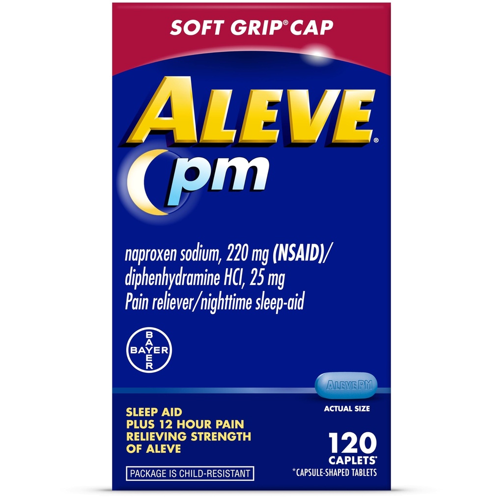 Aleve PM Sleep Aid Plus Pain Reliever Caplets, Naproxen Natrium & Difenhydramiini HCl, Nighttime, 120