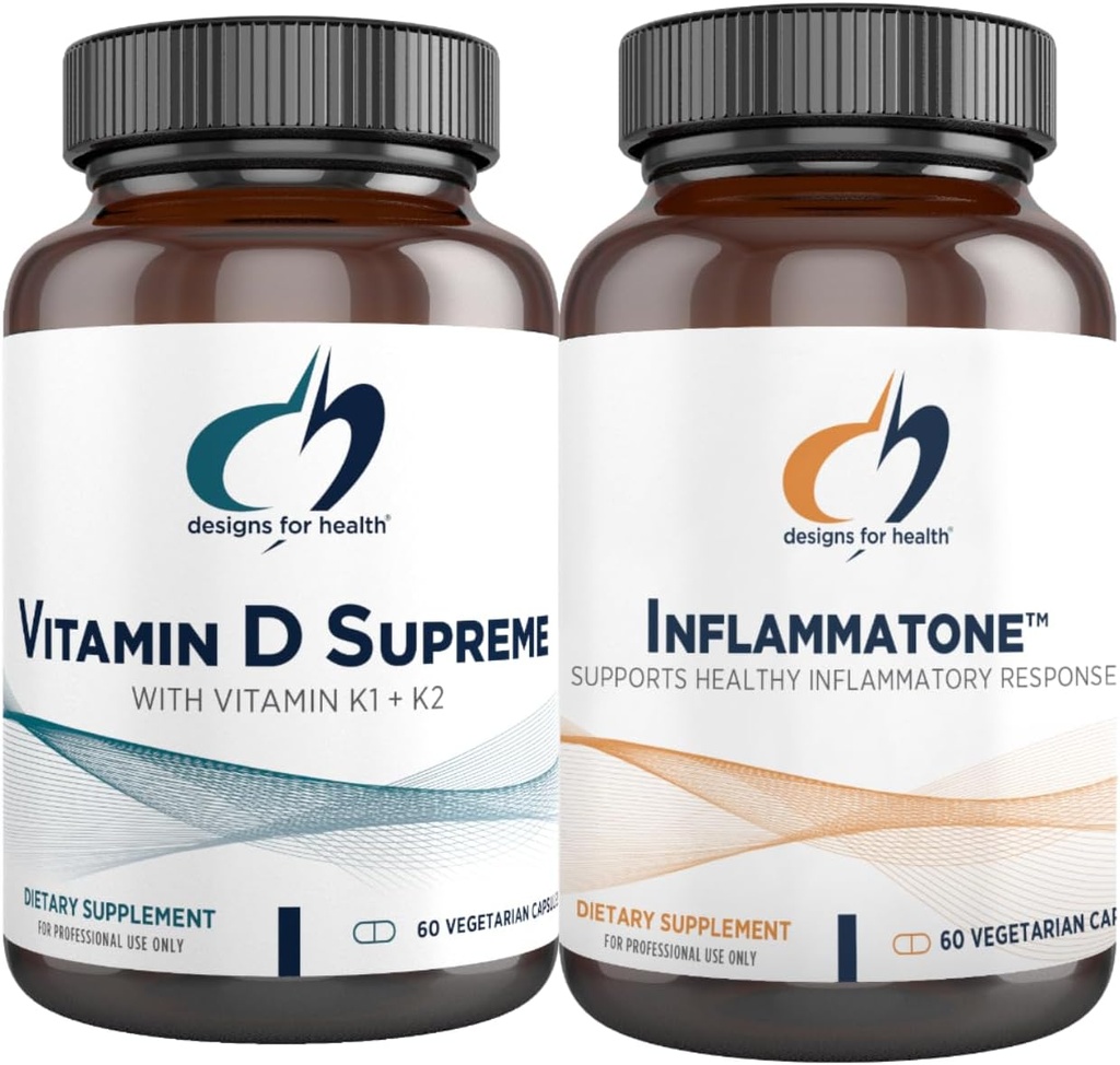 Designs for Health D-vitamiini Supreme + Inflammatone Bundle - D3-vitamiini 5000 IU + 2000 mikrog K-vitamiinia Enzyme kasvitieteellisen sekoitus edistää terveitä tulehdusreaktioita - 2 Tuotteet