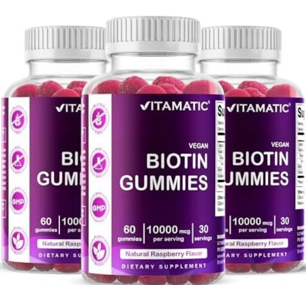 Vitamaattinen Biotin Gummies 10 000 mikrog vahvempi hiukset, iho & kynnet - 60 vegaaninen Gummies - myös kutsutaan B7-vitamiini (3 pullot)