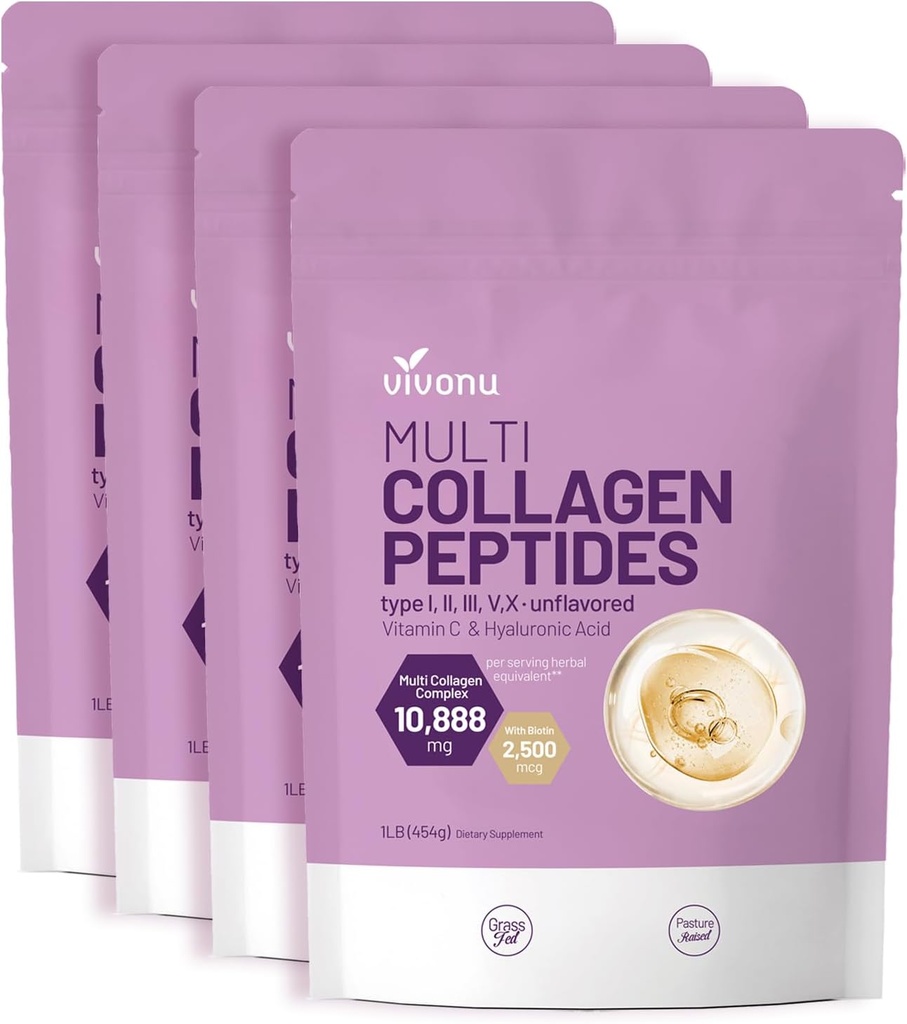 VivoNu Multi Collagen Peptides Powder, 16 Oz Hydrolyzed Protein Peptides, tyyppi I, II, III, V, X, jossa on hyaluronihappoa, Biotiinia ja C-vitamiinia Makuton Keto Paleo Friendly, Ez Mix in Drinks (4LB/4Pack)