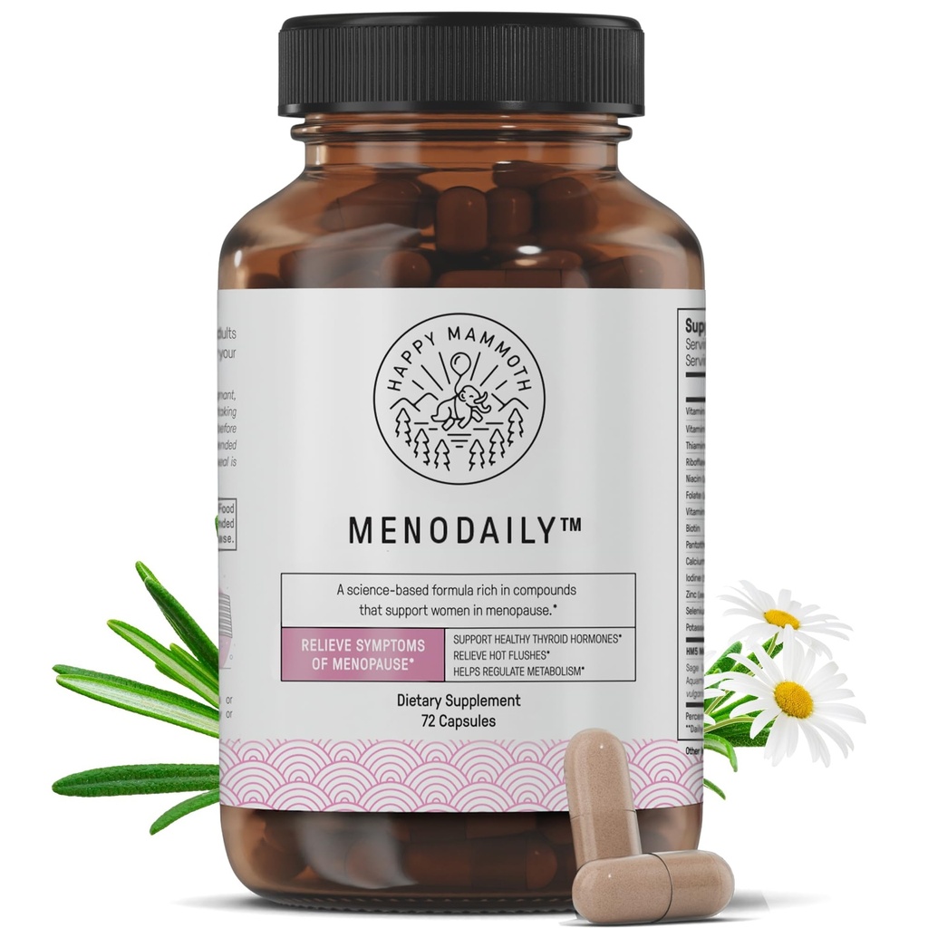 Happy Mammoth Meno Päivittäinen vaihdevuosi vitamiineja & lisäravinteet naisille (*ei hormone Harmony), Boost aineenvaihdunta, terve iho, hiukset ja kynnet, kuuma salama, mielialatuki, 72 Caps