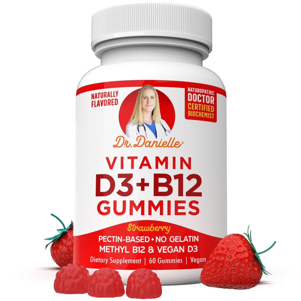 D3-vitamiini, B12-vitamiinit Danielle, Vegan Daily Supplement aikuisille ja lapsille, ei-GMO-vitamiini, D3 1000 IU & 250 mcg B12-vitamiini, 2 kuukauden tarjonta (60 gummia)