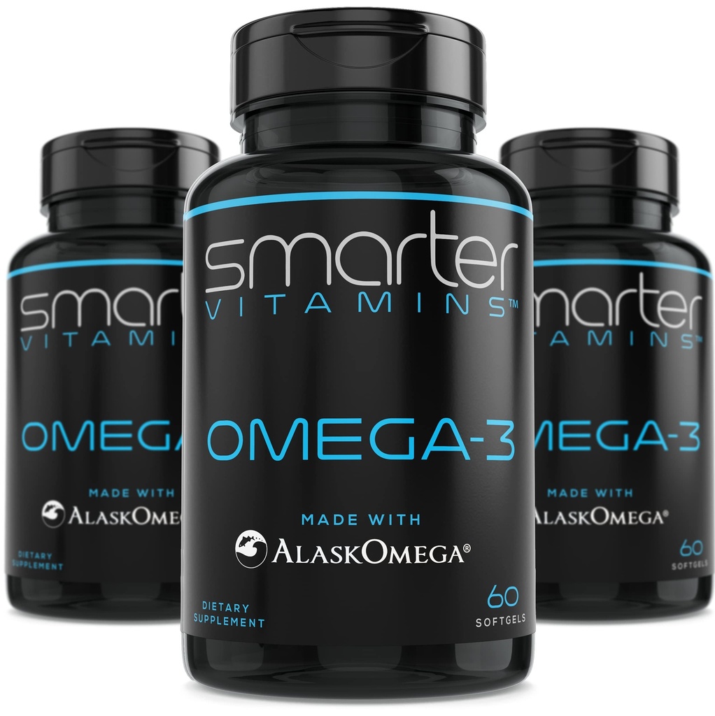 (3 pakkaus) Smartter Omega 3 Kalaöljy, Berry Flavor, Burpless, Mauton, 2000mg, DHA EPA Triple Strength Brain, valmistettu AlaskOmega®