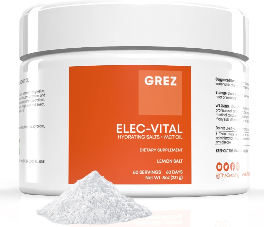 GREZ ELEC-Vital Electrolytes Powder No Sugar - Hydraation Powder, Keto Electrolytes No Sugar - Complete Mineral Support, Natrium, Kalium, Magnesium, Sinkki - 60 Servings