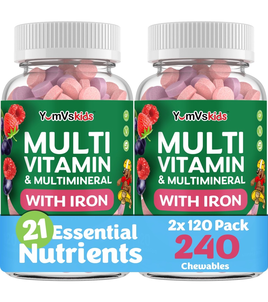 YUM-V'S Kids Multivitamin med järn - Kids Chewable Multivitamin - Vitaminer + Järntillskott - Toddler Vitaminer för 2 år gammal +, Kosher, Halal, Gluten Free 120 (Pack av 2
