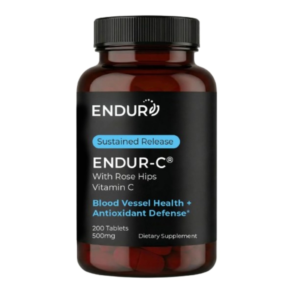 Endur-C Vitamin C med Rose HIPS, stöder Collagen Production, Antioxidant Protection & Gentle Digestion, Gluten Free, 500mg (200 tabletter)