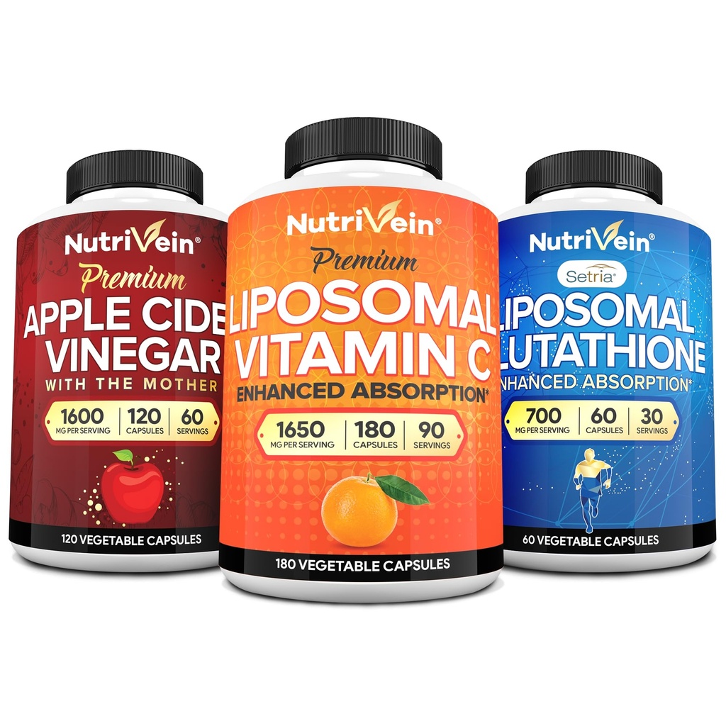 Nutrivein Premium Liposomal Glutatione, Apple Sider Viinietikkakapselit, & C-vitamiinilisä Bundle: C-vitamiini, ACV-kapselit, & Glutatione-lisä Bundle solupohjalle ja detoxille