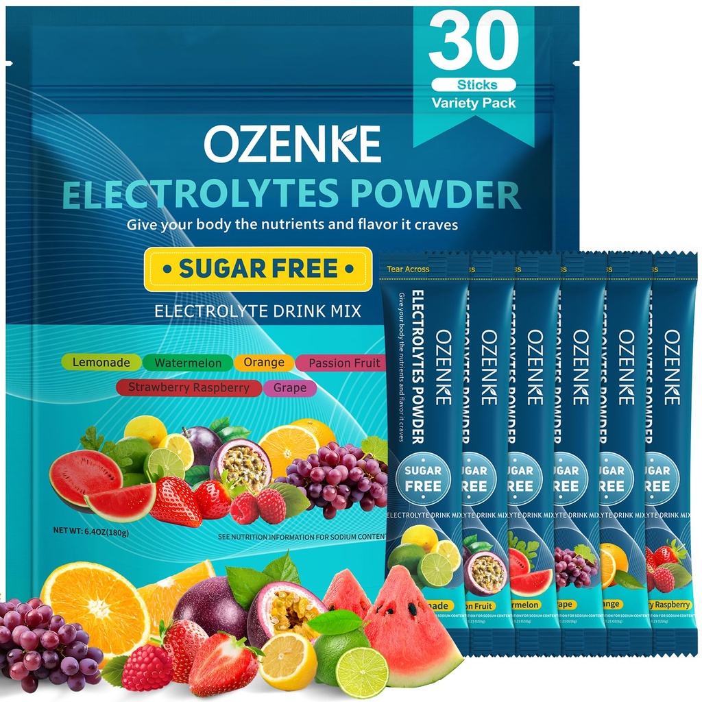 Electrolytes Powder Packets, 30 Sticks Hydration Packets Sugar Free, Electrolyte Drink Mix Travel Electrolyte Packets för Rapid Hydration, 6 smaker