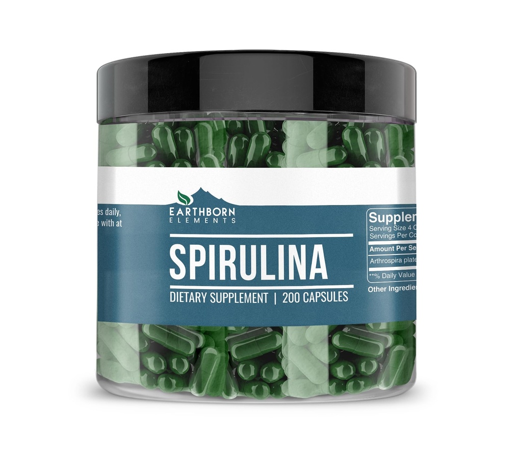 Maasta peräisin olevat elementit Spirulina 200 kapselia, puhdas ja laimentamaton, ei lisäaineita