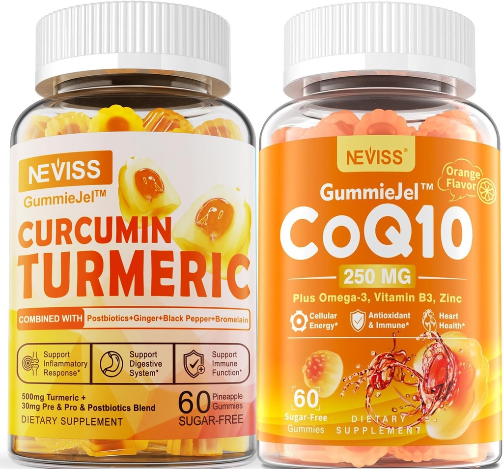 Sugar Gratis Turmeric Curcumin Fylld Gummies 550mg & CoQ10-250mg Fylld Gummies, Immune, Digestive Health, Cellular Energy & Antioxidant Support