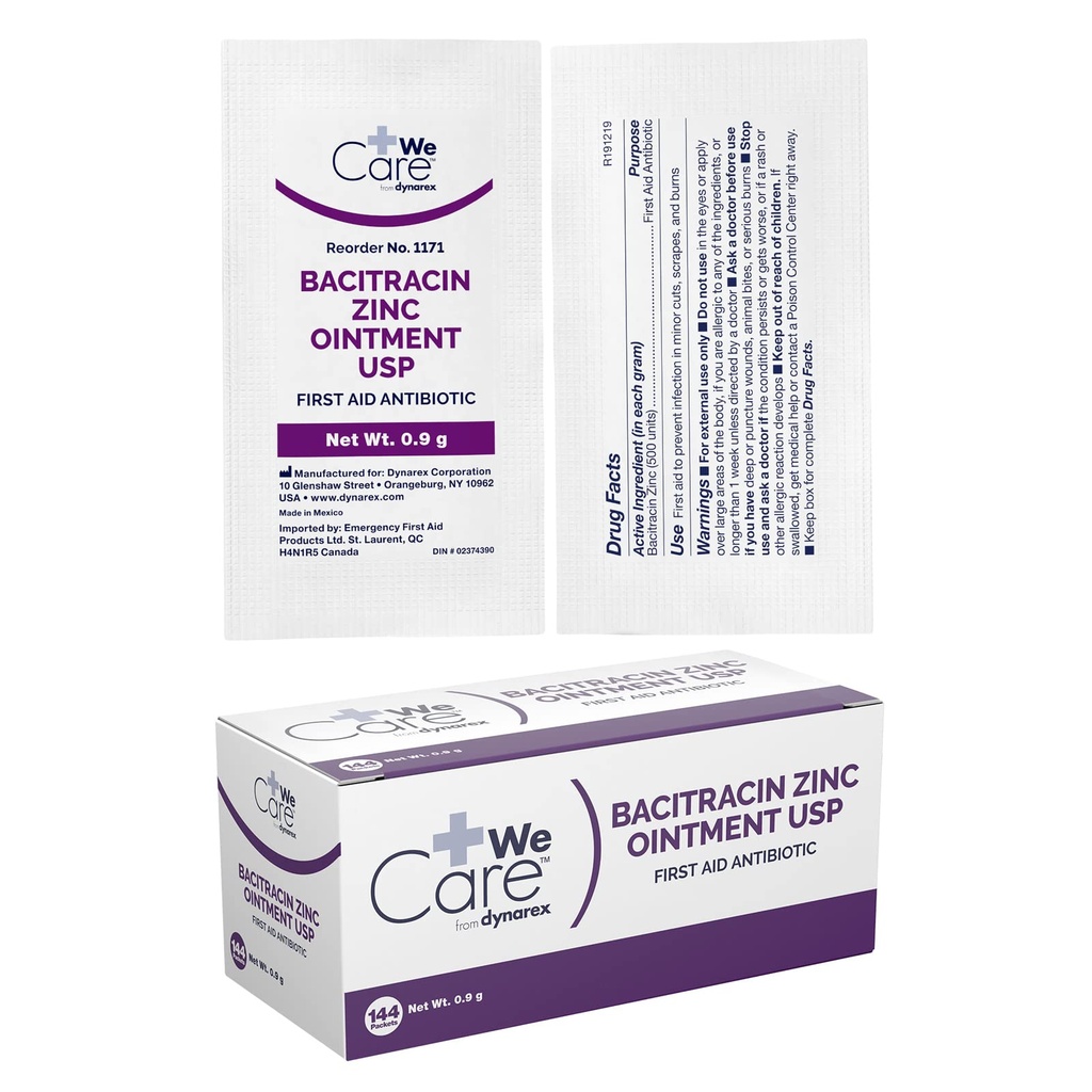 Dynarex Bacitracin Zinc Ointment USP - Wound Healing Treatment for Minor Cuts, Itchy Diaper Rashes & First Degree Burns - 1 Box of 144-0.9 g Packets