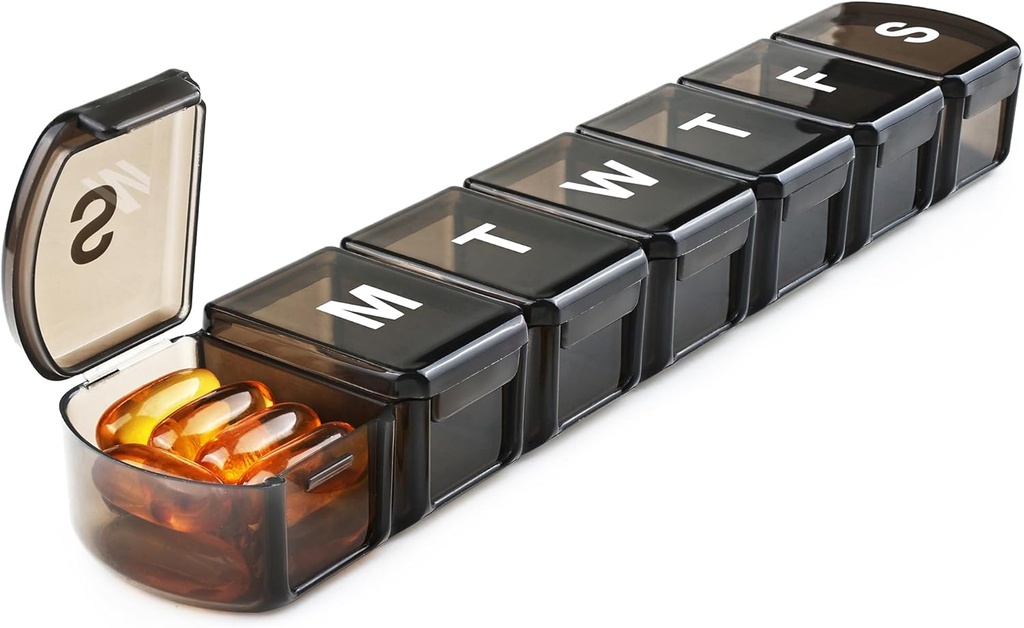 XL Weekly Pill Box Organizer 7 Day, 1 vecka Jumbo Pill Dispenser Case One Time a Day, MOLN HYMY Daily Medicine Container för att hålla medicinering, vitaminer, fiskoljor och tillskott (Black