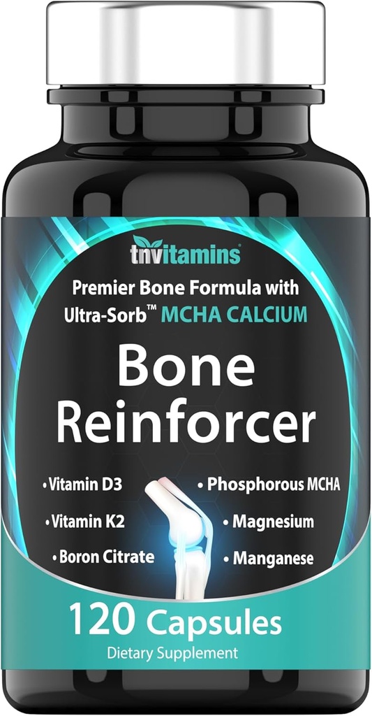 Bone Reinforcer (120 kapslar) MCHA Calcium Supplement med vitamin D3, Magnesium, Vitamin K2, Boron Citrate, Phosphorous MCHA, & Manganese | Kraftfullt bentillskott för kvinnor och män