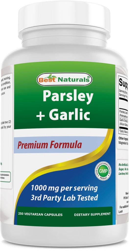 Best Naturals Persiljaa ja valkosipulia 1000 mg per tarjoilu 250 kasvissyöjä kapselia. Gluteenittomat ja muut kuin muuntogeeniset organismit.