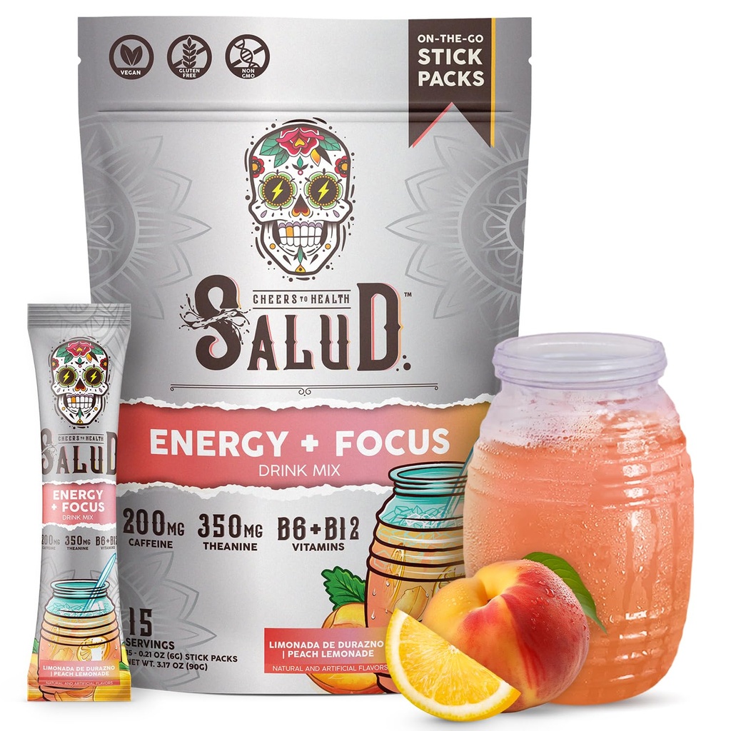 Salud 2-in-1 Energy Drink Powder + Focus, Peach Lemonade, Luomukofeiini, B6 + B12, Theanine, Clean Energy Drink Packets, Agua Fresca Mix, Ei-GMO, Gluteeniton, Vegan, 1 g sokeria, (15 tarjoilua)