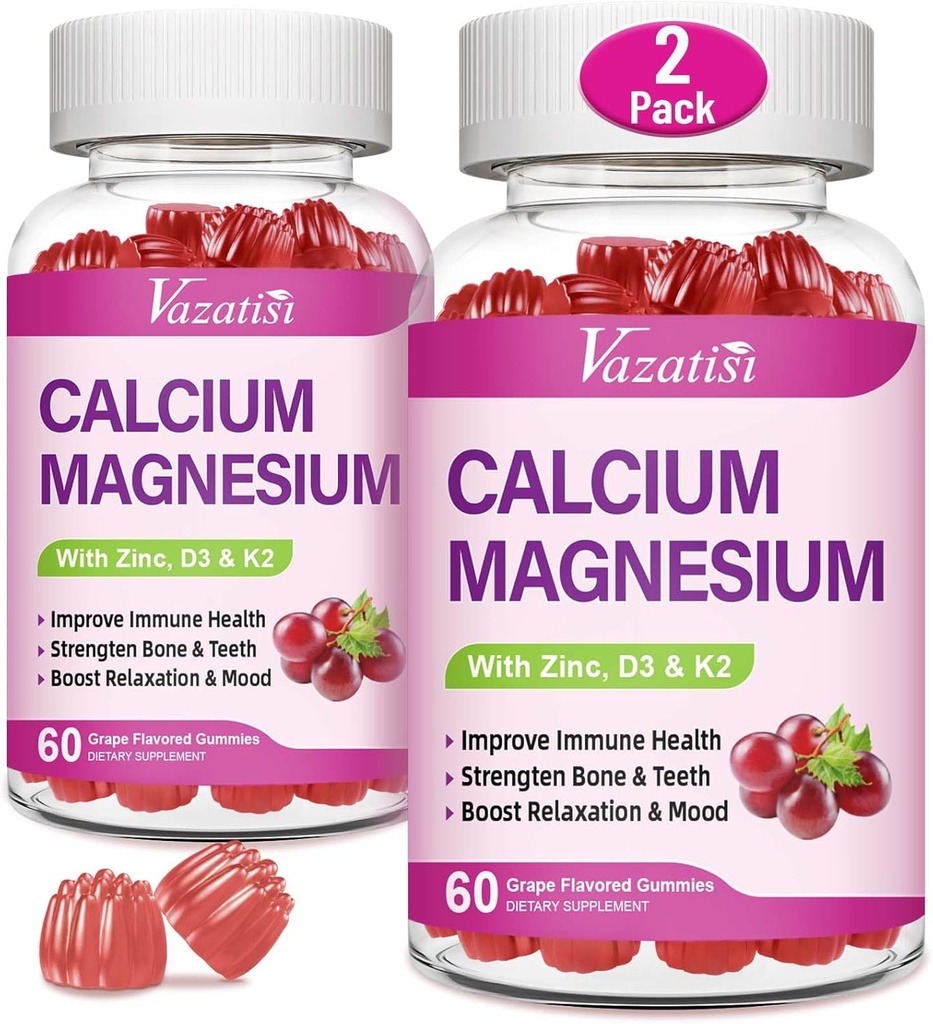Kalsium Magnesiumsinkki Gummit D3- ja K2-vitamiinilla, suuri imeytyvä magnesium Glycinate Kalium immuuni- ja rauhoittava mieliala, rypälemaku 120 gummia
