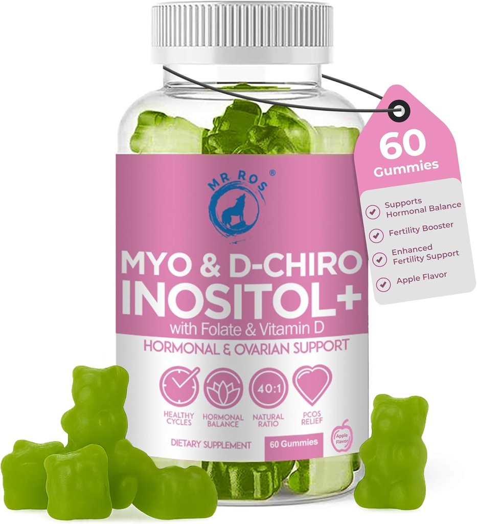 Inositol Gummies PCOS Folaatti & D- vitamiini - Myo & D-Chiro Inositol Blend, 40:1 suhde, 60 Apple Flavor Gummies