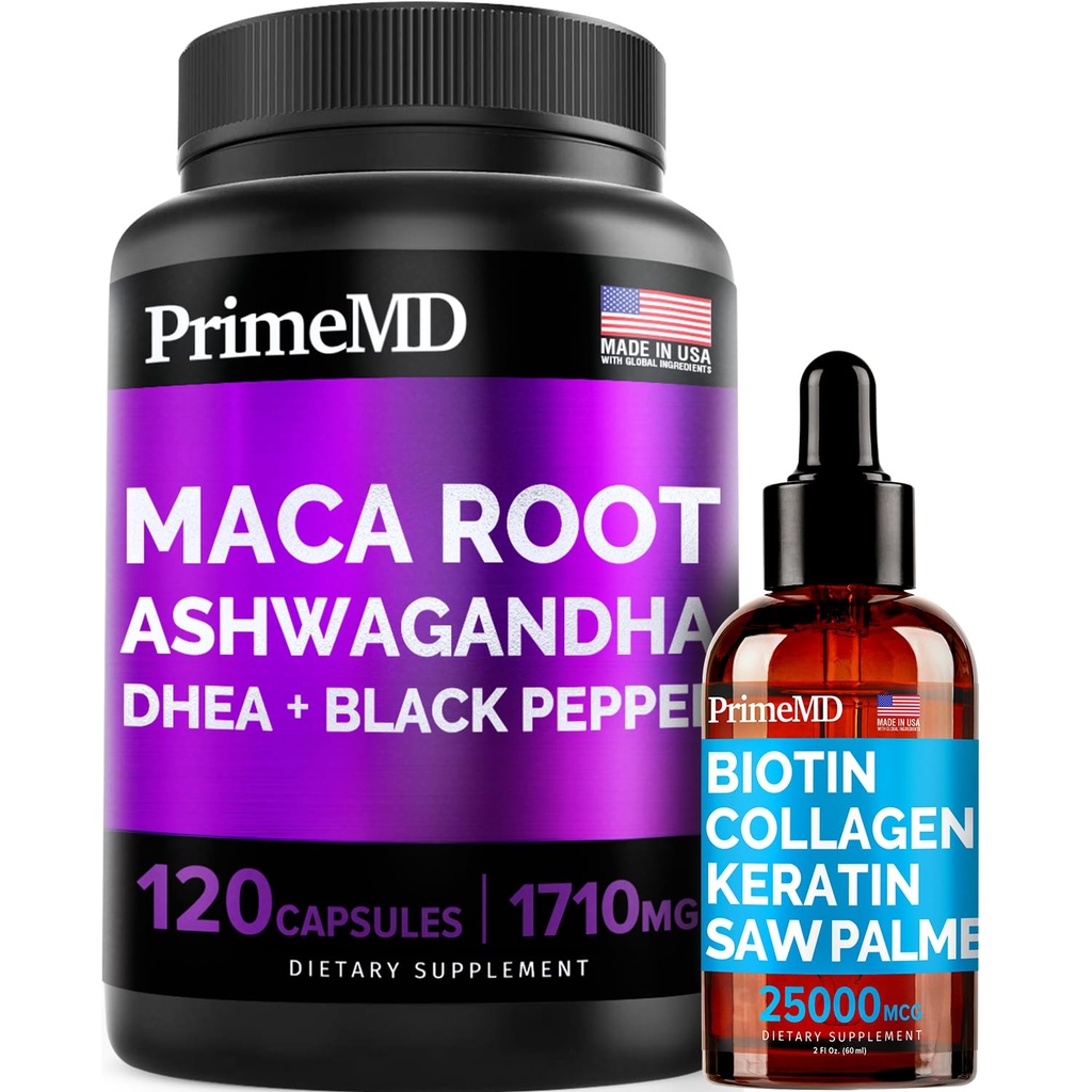 4-in-1 Liquid Biotin Collagen Keratin Saw Palmetto Drops (2 fl oz - 1 Pack) & 6-in-1 Maca Root Ashwagandha w Black Pepper Fruit (120ct) Bundle - Hiukset, iho, kynnet, energia & mood tuki täydentää