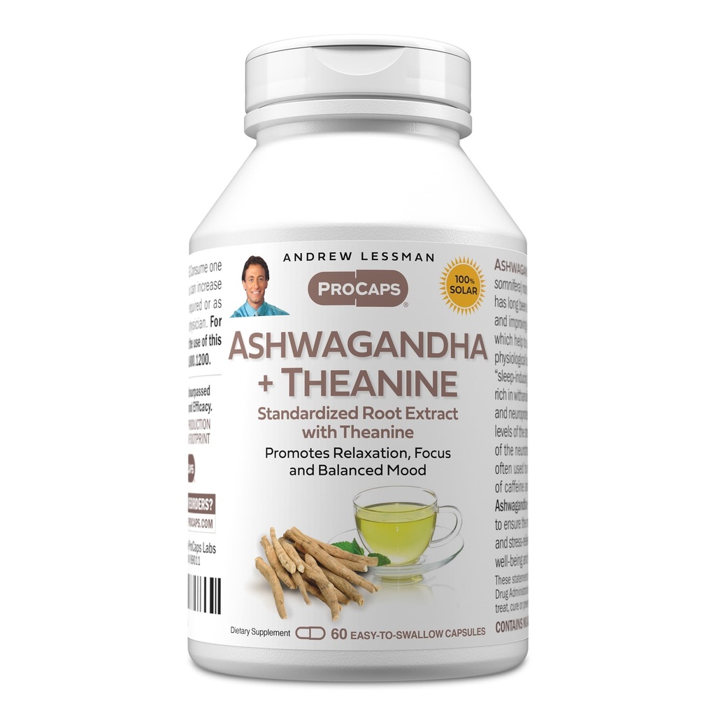 Andrew LESSMAN Ashwagandha + Theanine 60 kapselia - Standardoitu uute. Edistää rentoutumista, keskittymistä ja tasapainoista mielialaa. Pieni helppo niellä kapselit