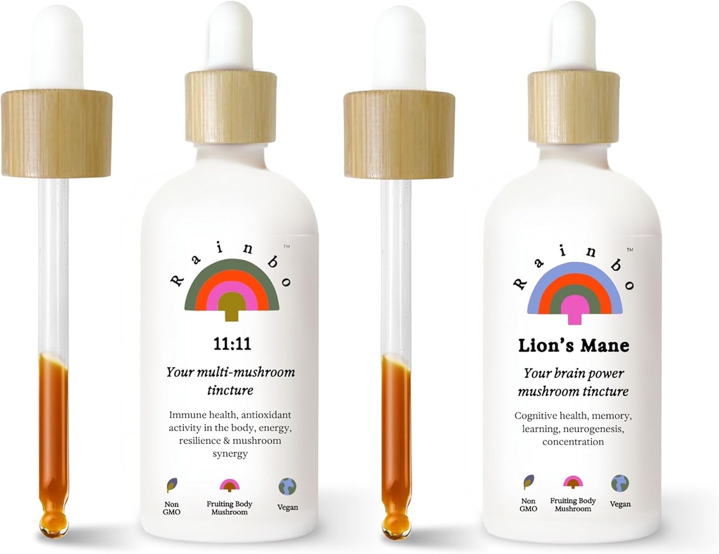Rainbo Fan Suosikki Bundle, 11:11 Multi Sieniuute + Leijonan Mane Sieni Tincture, Dual Extract Daily Mushroom Tinctures for Comprehensive Immune Support, Vegan Liquid Sieni täydentää