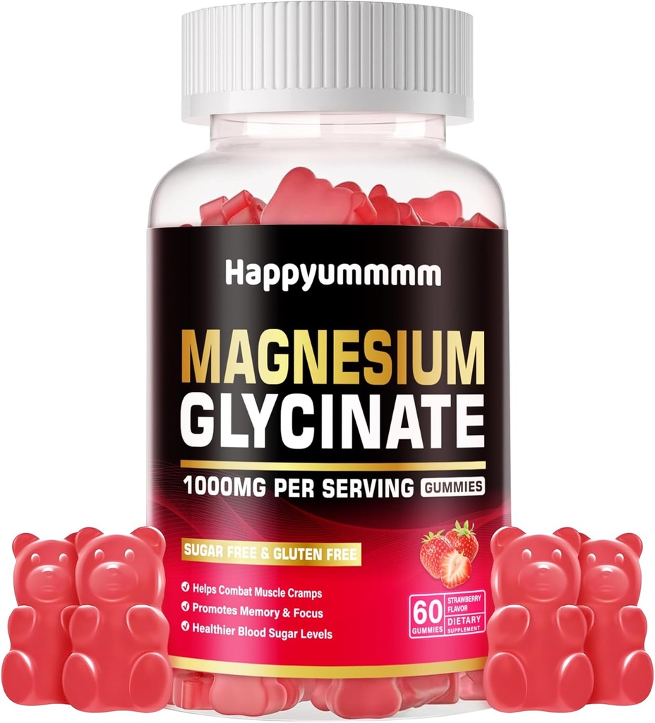 Magnesium Glycinate Gummies 1000mg - Sokeriton magnesium Kaliumlisä D-vitamiini, B6, CoQ10 rauhoittava mieli ja uni tuki - 60 mansikka Gummies.