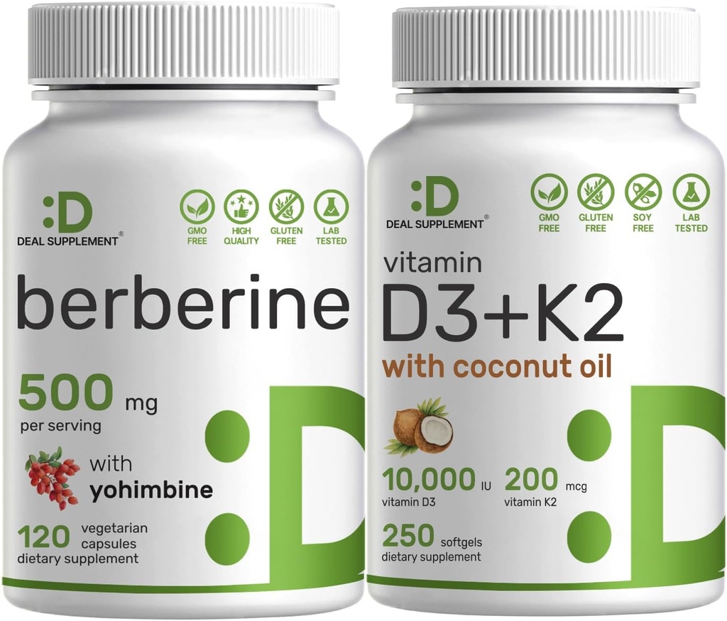 DEAL SUPPLEMENT Vitamin D3 10.000iu + K2 200mcg Softgels & Berberine Supplement med Yohimbine Bundle - Essential Sunshine Vitamins med kokosolja - Hög Absorption Hydrochloride HCl Forms