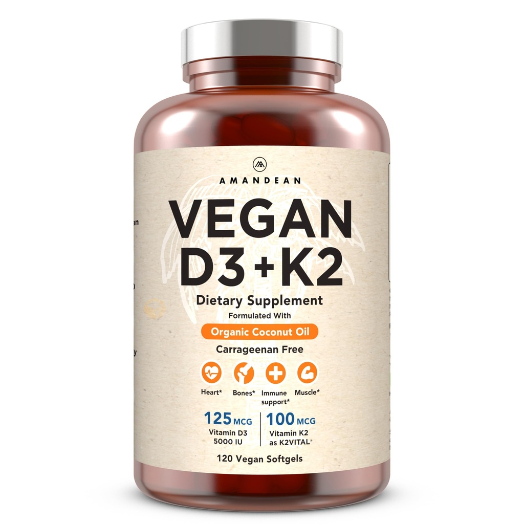 AMANDEAN Vegaani D3 K2. 5000 iu. All-Trans MK-7. 120 Softgels. Kasvi-Based & Carragenan ilmaiseksi. Organic Coconut Oil Blend. for Mood, Bones, Heart, Immuno Health (Packaging May Vary)