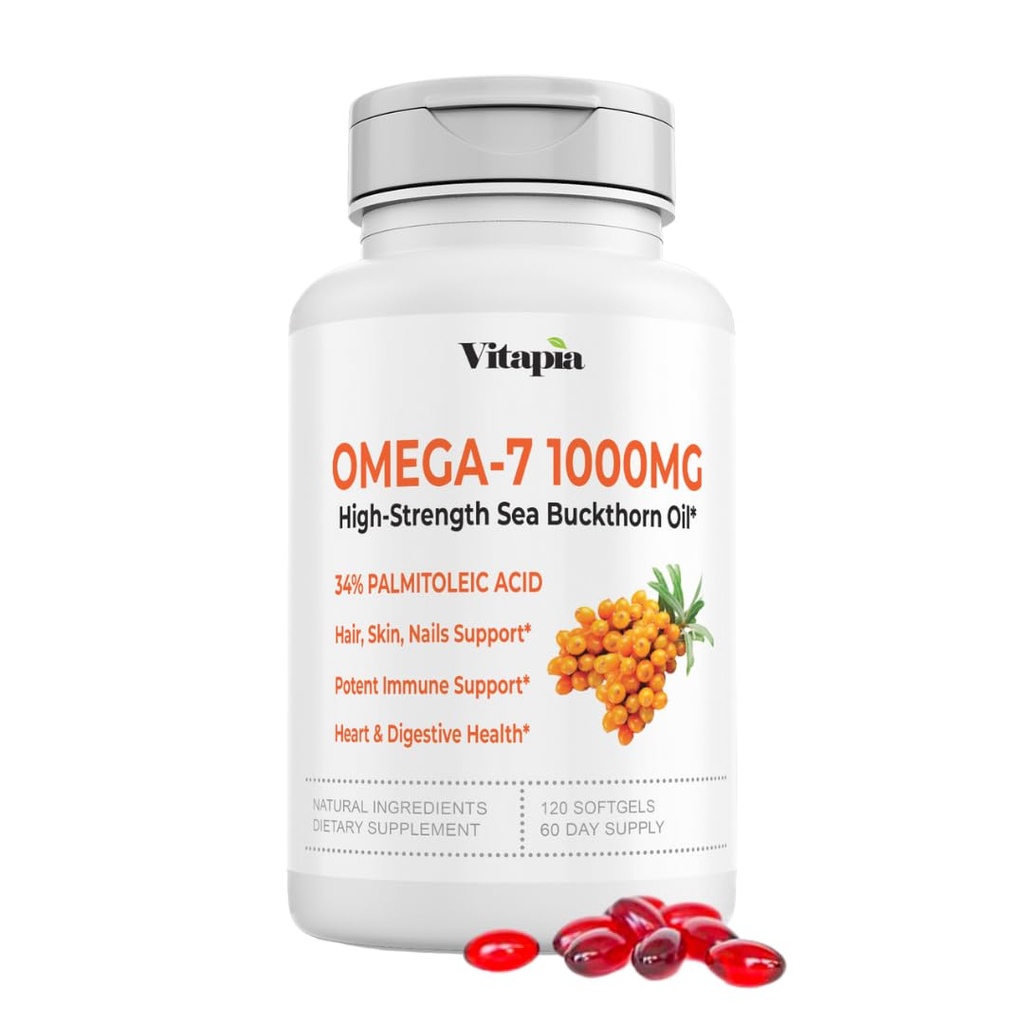Vitapia Omega 7 Sea Buckthorn Marjaöljy 1000 mg hiuksille, iholle, kynsille, Heart Health Support - 34% Palmitoleic Acid & Natural Omega 3 6 9 Rasvahapot täydentää - 120 kapselia, ei-GMO, Gluteenittomat