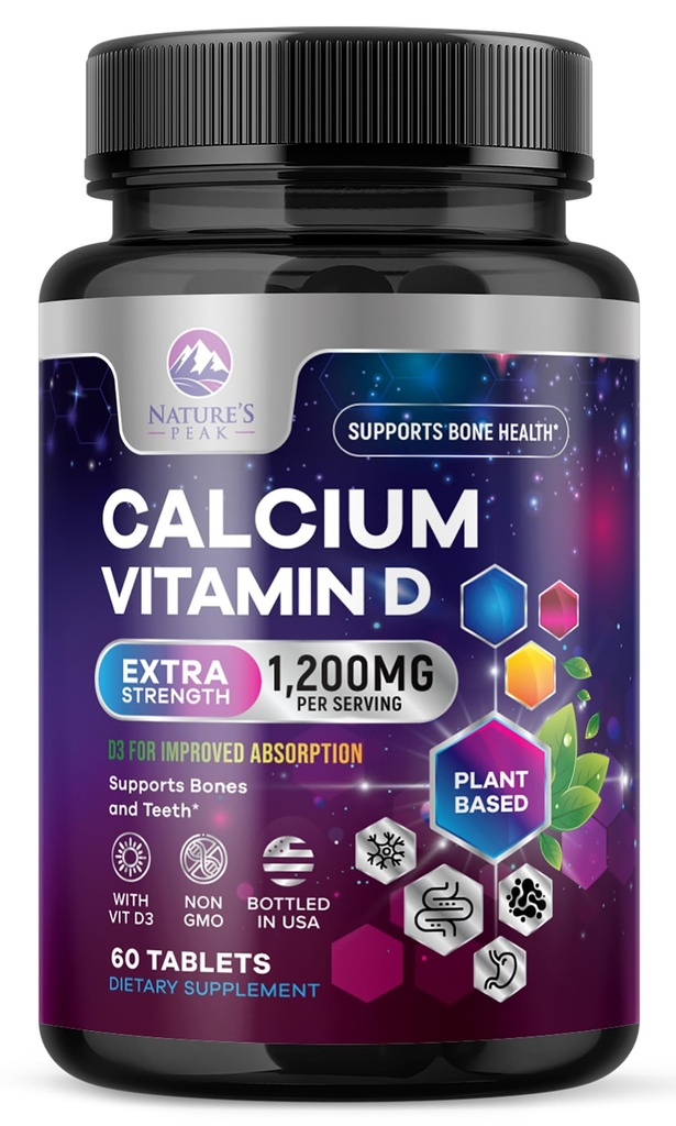 Kalcium 1200 mg med vitamin D3, Calcium Supplement Vitaminer, Bone, Teeth & Immune Health Support, Calcium Supplements with D for Women & Men, Nature's Absorbable Calcium Carbonate - 60 tabletter