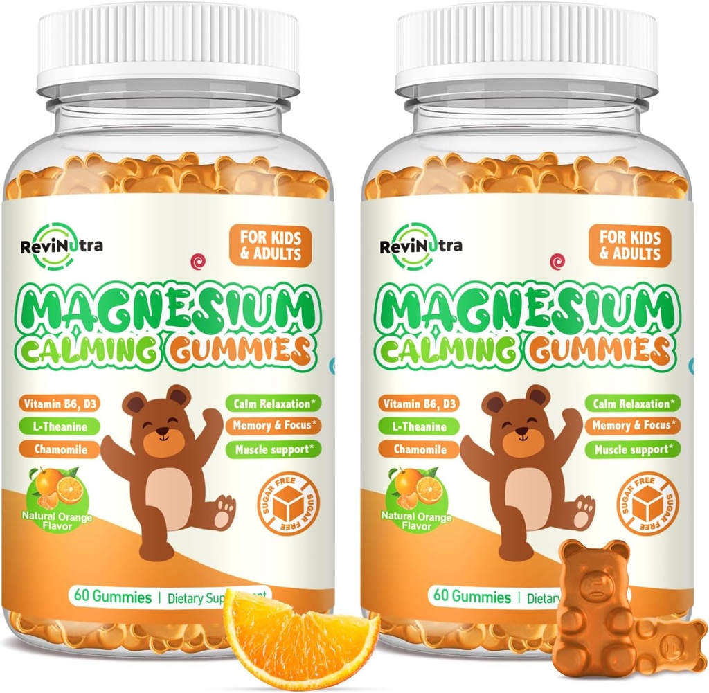 Magnesium Gummies lapsille - Magnesium Glycinate Gummies täydentää L-Theanine, B6-vitamiini, D3 aikuisille ja lapsille, rauhoita magnesium uni, rentoutua, aivot, luut, sokeriton Orange 120ct
