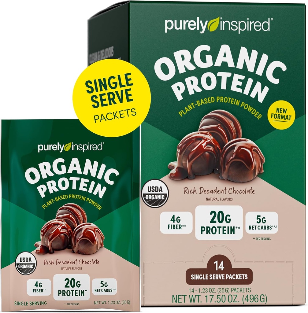 Puhtaasti inspiroitu orgaaninen proteiinijauhe, 14 kerta-annospakkausta, Rich Decadent Chocolate - 20 g kasviperäistä proteiinijauhetta smoothieille ja Shakesille - maitotuotteeton, ei GMO:eja - miehille ja naisille