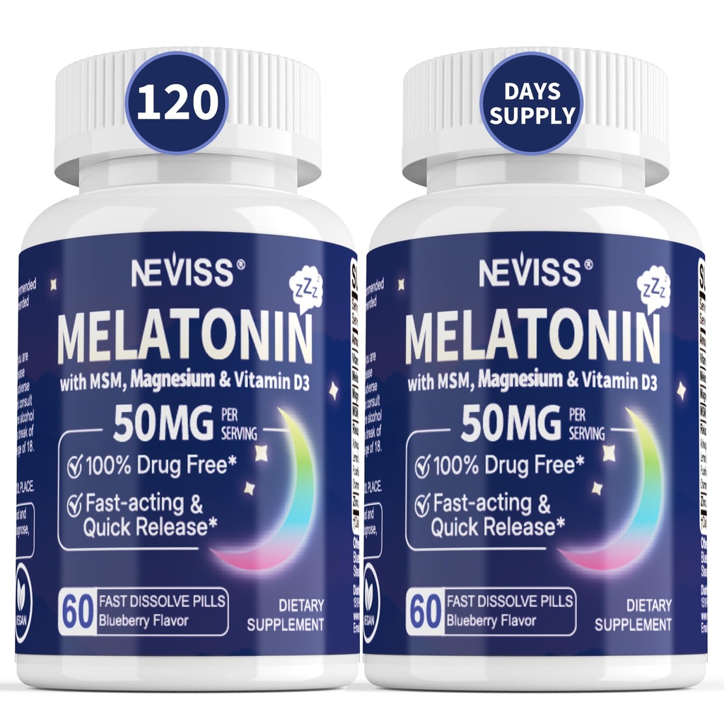 NEVISS Melatoniini 50 mg aikuisille - Extra Strength 9-in-1 nopeasti liuotetaan Sublingual - suuri annos magnesiumglykinaattia, D3-vitamiinia, Ashwagandhaa, sitruunarasvaa, kamomillaa, sokeritonta Vegaania 120 tablettia