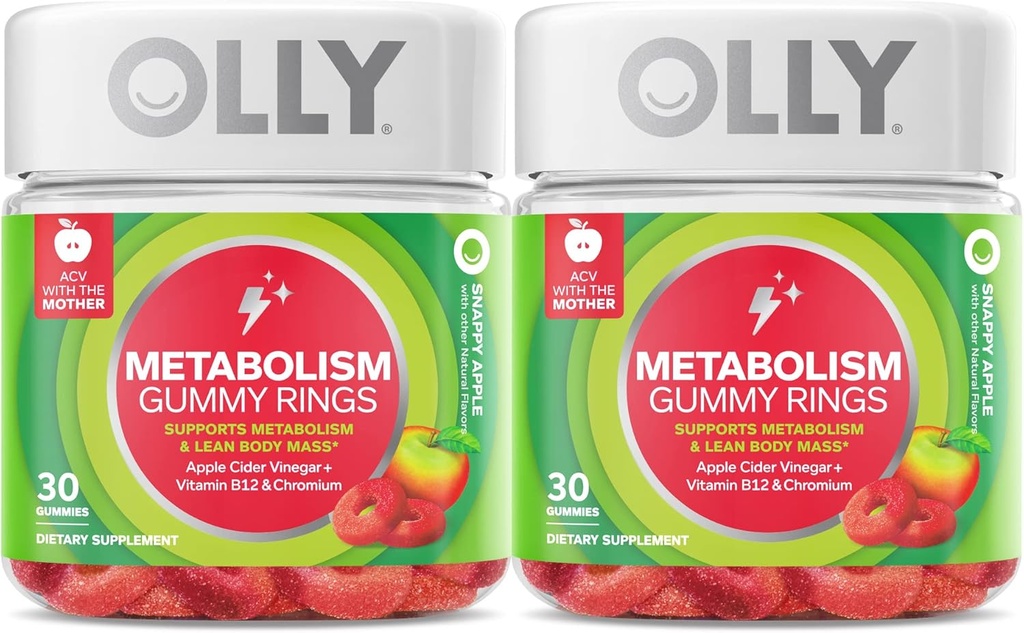 Olly Metabolia Gummy Rings, Apple Sider Viinietikka, B12-vitamiini, Kromi, energia ja ruoansulatuskanavan terveys, purutabletti, Apple Flavor, Twin Pack - 60