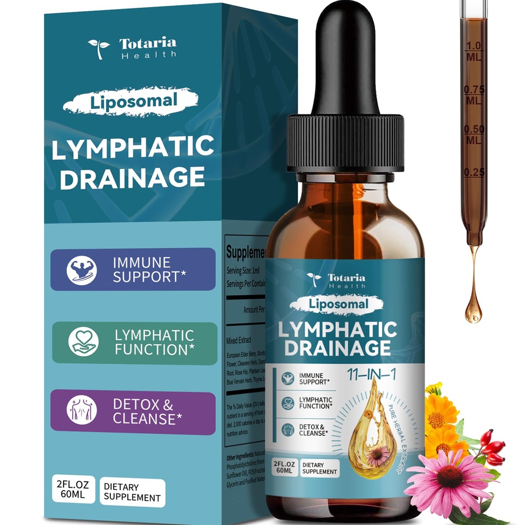 Liposomal Lymfatic Drainage Drops - 11 in 1 Organic Lymfatic Drainage Supplement Burdock Root, Echinacea, Elderberry, Calendula, Cleavers Herb, Voikukka tukee Lymfatic Health 2 FL.OZ