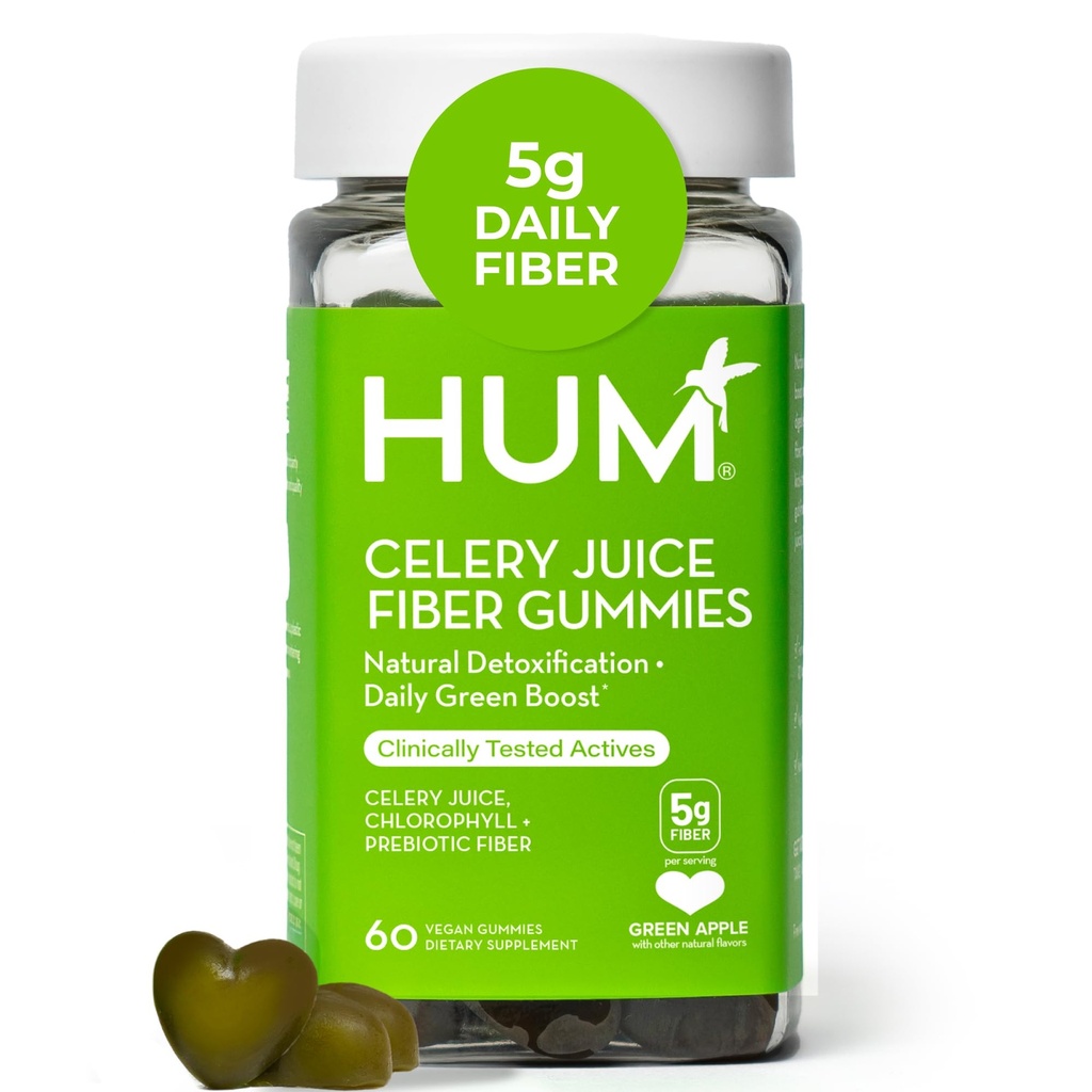 HUM Selleri Juice Fiber Gummies for Adults, First Prebiootti Selleri Juice Gummy, Gluteeniton Kuitu täydentää Detoxification, Gut Health, Greens Gummies, klorofylli & Prebioottikuitu, 60