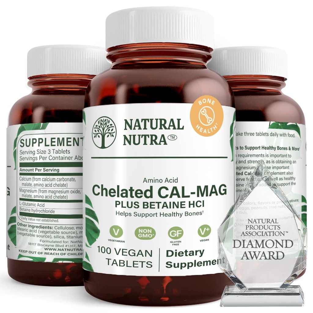 Natural Nutra Chelated Calcium Magnesium 1000/500 mg Supplements Plus Betaine HCL - Chelated Cal Mag förbättrar bendensitet, stöder muskel, tänder, kardiovaskulär och nervhälsa, 100 Vegan tabletter